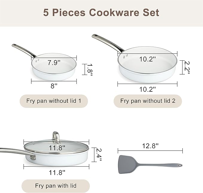 5Pcs Nonstick Cookware Set, Aluminum Nonstick Pots and Pans with Glass Lids, All Stovetops Compatible, Non-toxic Healthy Kitchen Cooking Sets, PFAS and PFOA Free