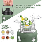 MUKOKO Glass Water Bottles, 32oz Glass Tumbler with Straw, Drinking Bottles with 2 Lids-Handle Spout Lid&Bamboo Straw Lid, Motivational Water Bottle with Time Marker and Silicone Sleeve, 1 Pack-Olive