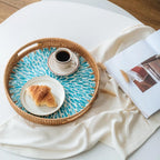 13.8 in Round Rattan Serving Tray with Handle, Mother of Pearl Inlay Wooden Base, Decorative Wicker for Table, Kitchen Island & Home Decor (Blue Leaf)