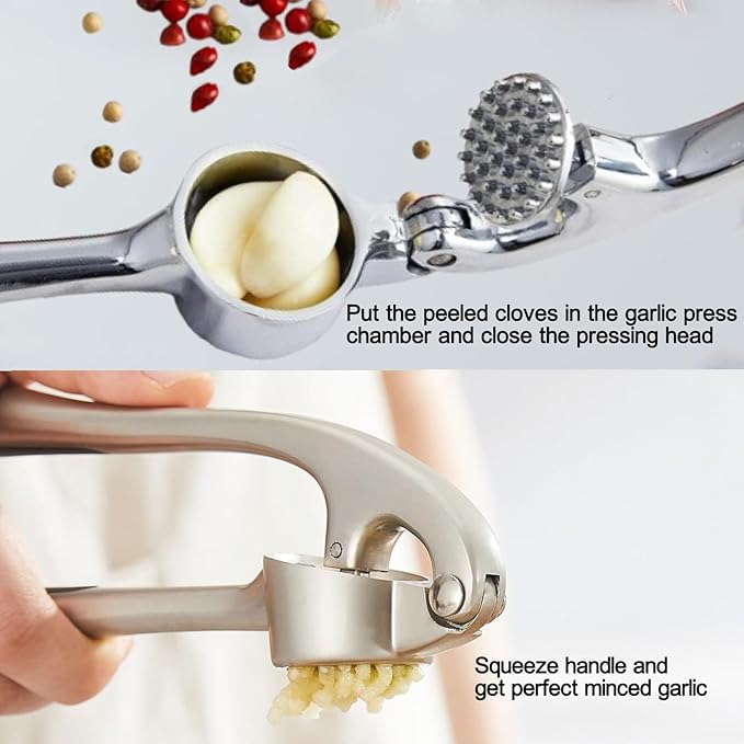 Garlic Press and Herb Scissors Set, 6 Pieces with Garlic mincer and Multipurpose Scissors, Rustproof Tools for Kitchen Use. (Silver+Green)