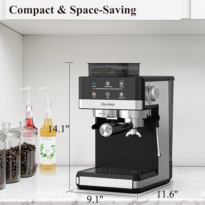 Espresso Machine with Grinder, 20Bar Expresso Coffee Machines with Milk Frother, Professional Compact Stainless Steel Coffee Maker for Espresso, Latte & Cappuccino, Perfect for Home Use