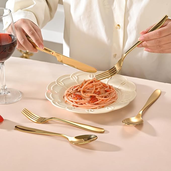 20-Piece Gold Silverware Set, Flatware Set for 4, Food-Grade Stainless Steel Tableware Cutlery Set, Mirror Finished Utensil Sets for Home Restaurant, Forks Spoons and Knives Set, Dishwasher Safe