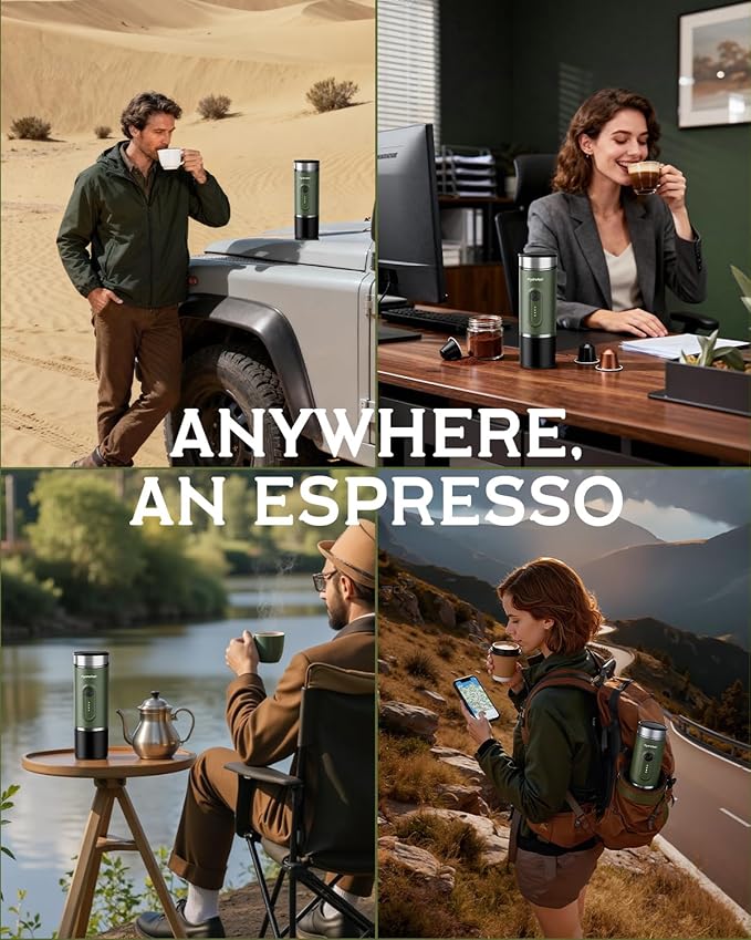 Portable Espresso Machine, 9600mAh, Travel Electric Coffee Maker with 20 Bar Self-Heating, Lightweight Car Coffee Machine with NS Capsules & Grounds for RV, Hiking, Camping, Office