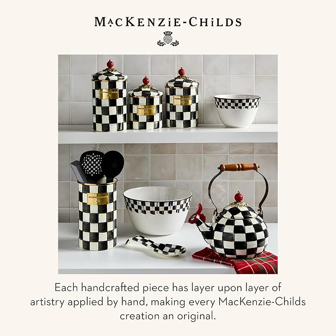 MACKENZIE-CHILDS Enamel Whistling Tea Kettle, Decorative Teapot for Stovetop, Black-and-White Courtly Check