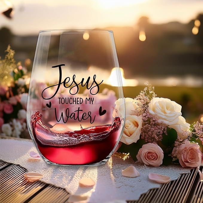 Jesus Touched My Water Wine Glasses, Funny Christian Gift for Women Gifts for Birthday Mom Father's Day Friendship Gifts (Clear-JESUS)