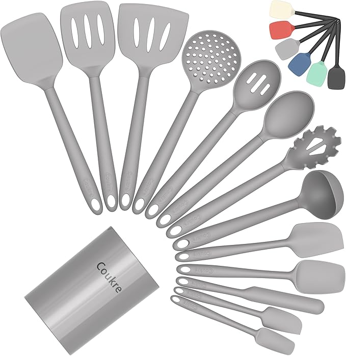 Coukre Silicone Kitchen Cooking Utensils Set with Holder – Heat-Resistant, Food-Grade Kitchen Tools, Spatula, Spoon & Gadgets for Non-Stick Pans, Dishwasher Safe (14, PureGray)