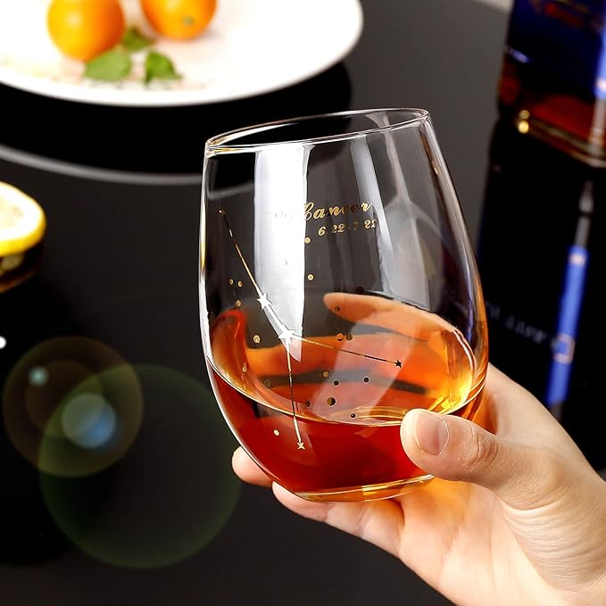 HOHY Cancer Stemless Wine Glass 20 Oz, Cancer Constellation Wine Glass Golden, Zodiac Gifts June Birthday Gifts for Women