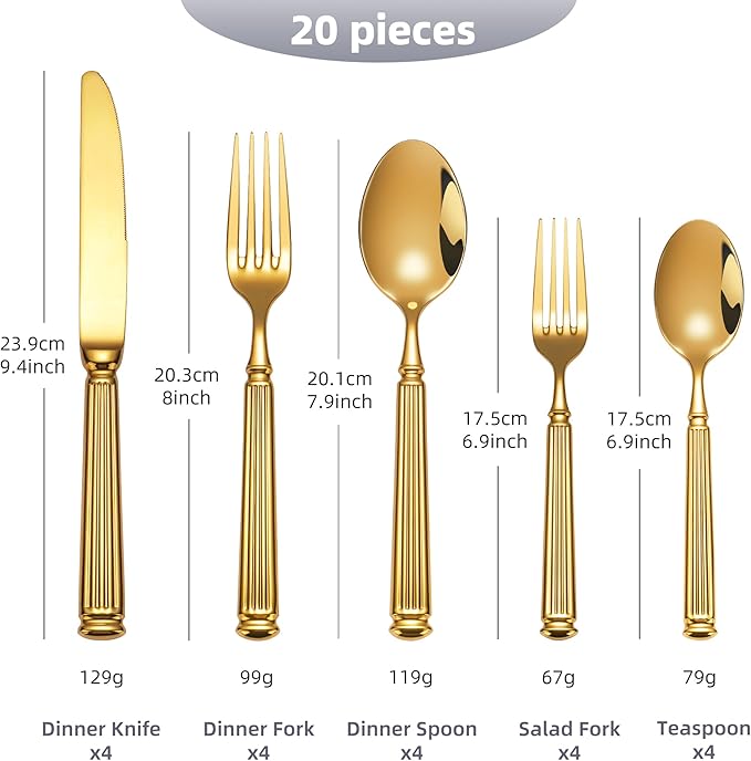 20-Piece Heavy Duty Gold Silverware Set for 4, 18/10 Stainless Steel Flatware Gold, Extra Thick Heavy Weight, Ideal for Wedding Gift