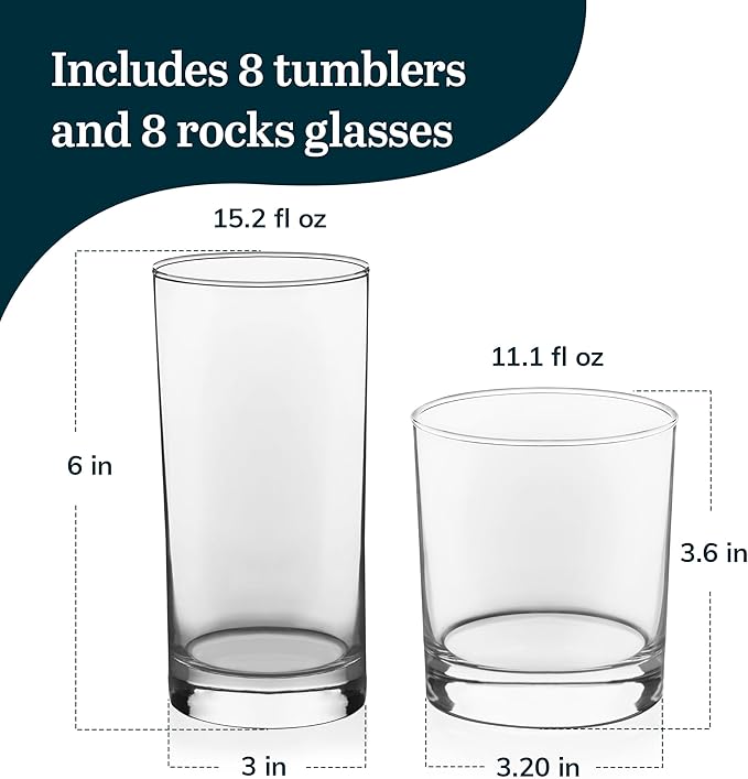 Libbey Province Tumbler and Rocks Glass Set, Elegant Drinkware Glasses Set, Tall Drinking Glasses with Modern Lines, Drinking Glasses Set of 16, 16-Piece