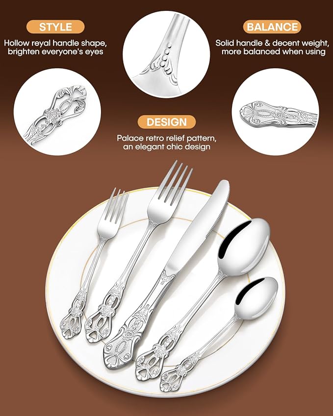 EUIRIO 30 Pieces Royal Silverware Set for 6, Gorgeous Retro Flatware Set, Premium Stainless Steel Vintage Cutlery Set Utensils with Forks Spoons and Knives, Dishwasher Safe