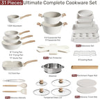 Kikcoin Pots and Pans Set Non Stick 31 Piece Kitchen Nonstick Cooking Cookware Sets with Grill Pan Saucepan Baking Sheet Utensil, Cream White