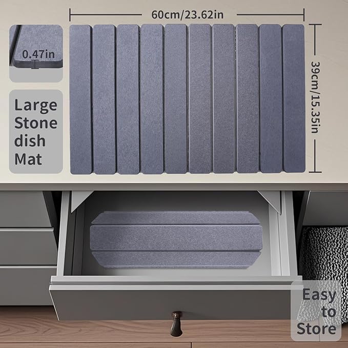 Coolcandy 24x16" Large Stone Dish Drying Mat, Quick Drying Mat Kitchen Counter, Foldable Kitchen Drying Mat, Diatomaceous Earth Stone Drying Mat, Collapsible Dish Mat Kitchen Mat For Drying