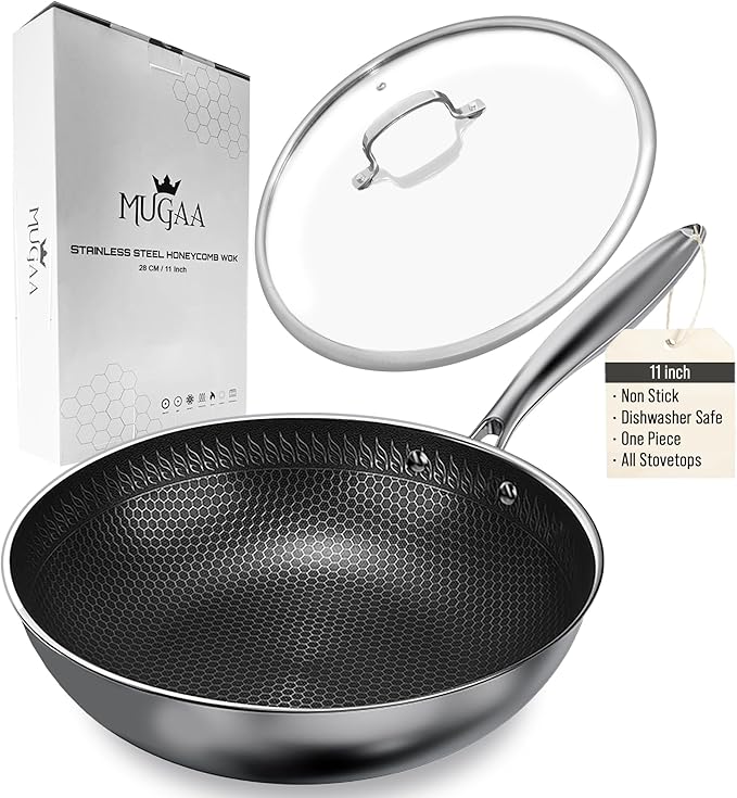 Woks & Stir-Fry Pans Nonstick 11" Stainless Steel Wok Pan with Lid | Tri-Ply Honeycomb Hybrid Stir Fry Pan | Induction & Oven Safe | Dishwasher Safe
