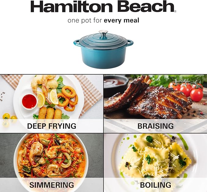 Hamilton Beach 5.5-Quart Enameled Cast Iron Dutch Oven with Lid | Heavy-Duty Pot for Braising, Roasting & Baking | Navy