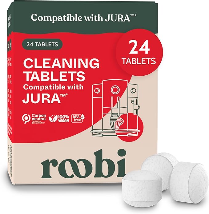 Roobi Compatible Cleaning Tablets for Jura. 24 Jura Cleaning Tablets for Automatic Espresso Coffee Machines. 100% Vegan, Carbon Neutral.