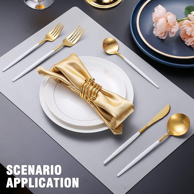 Lemeya Matte White Gold Silverware Set for 6,Modern Stainless Steel Brushed Cutlery Set,30-Pieces Heavy Duty Flatware Set,Knives Spoons and Forks Set Utensils Set, Satin Finish, Dishwasher Safe