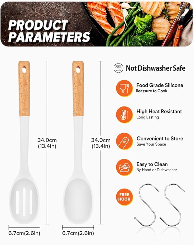 Silicone Cooking Spoons, Great for Scooping Sides and Serving Hearty Stews, BPA-Free Matte Silicone, Wooden Handle Serving Spoon for Nonstick Cooking Surfaces (White)
