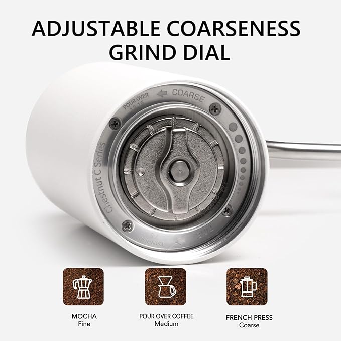 TIMEMORE Manual Coffee Grinder CNC Stainless Steel Conical Burr Coffee Grinder with Capacity 20g Chestnut C3 Internal Adjustable Setting for Pour Over French Press Coffee for Hand Grinder White