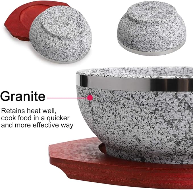 MDLUU Dolsot Bibimbap Bowl 32 Oz, Granite Stone Bowl with Wood Base, Dolsot Pot for Korean Soup, Rice and Stew