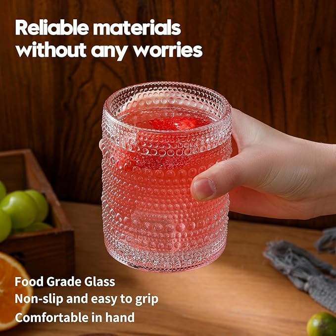 Hobnail Drinking Glasses Set of 6,12 oz Vintage Glassware Set Cocktail Glass Set, Embossed Clear Water Tumbler,for Beer, Whiskey,Juice and Various Mixed Drinks (12oz Clear)