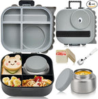 Bento Lunch Box with Thermo, 4-Compartment Bento Box with Adjustable Dividers, Leakproof Dinosaur Lunch Box with 14.2OZ Insulated Food Jar & Sauce Jar, for School Office Travel(Grey)
