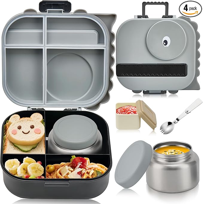 Bento Lunch Box with Thermo, 4-Compartment Bento Box with Adjustable Dividers, Leakproof Dinosaur Lunch Box with 14.2OZ Insulated Food Jar & Sauce Jar, for School Office Travel(Grey)