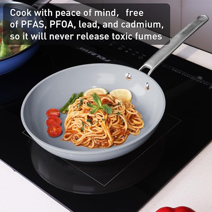 MsMk 5-Piece Ceramic Non Stick Pans Set 8, 10, 12 Inch Frying Pans, 10inch and 12 Inch with Tempered Glass Lids, Stay-Cool Handles, Oven Safe 700℉, Compatible with All Cooktops