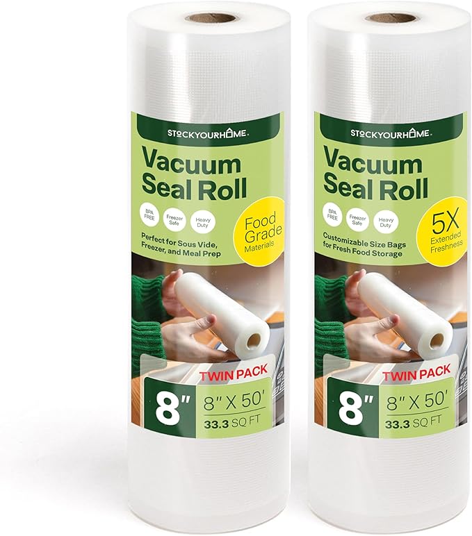 Stock Your Home 8" x 50' Vacuum Seal Bags Rolls (2 Pack), Vacuum Seal Bags for Food Saver, Freezer, Microwave, and Boil Safe Vacuum Sealer Bags Rolls