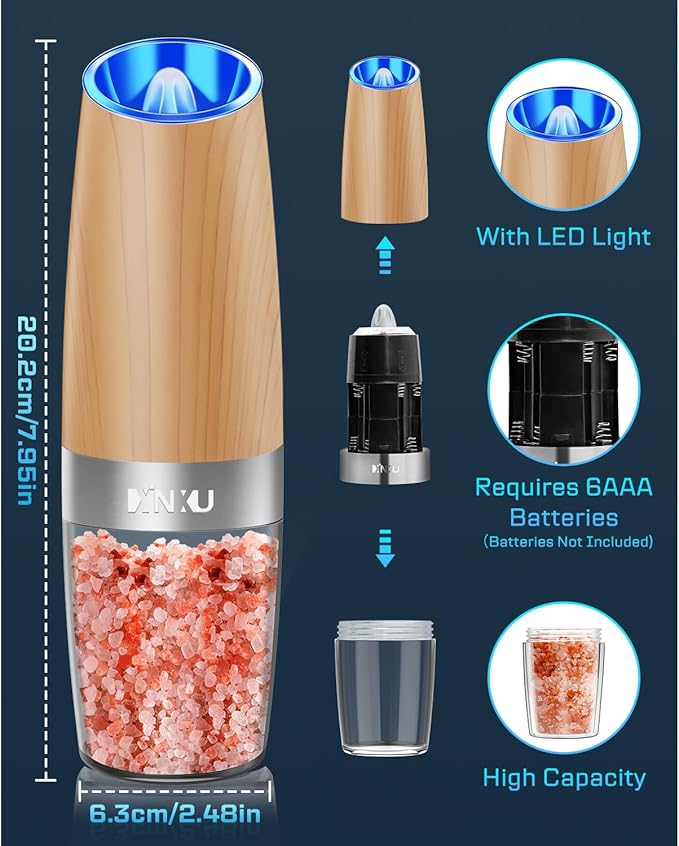XinXu Gravity Electric Salt and Pepper Grinder Set, Automatic Mill Grinder Shaker,Battery-Operated, Adjustable Coarseness, Stainless Steel, LED Light, One Hand Operated,Wood Grain