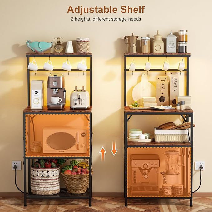 Kitchen Bakers Rack with Power Outlet & LED Lights, Small Coffee Bar Table with Adjustable Storage Shelf, 4 Tiers Microwave Stand with 8 Hooks, Coffee Station for Appliance Organizer, Rustic Brown