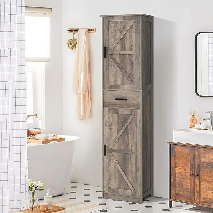 WEENFON Tall Storage Cabinet, Bathroom Cabinet with 6 Shelves & Drawer, Narrow Storage Cabinet with Adjustable Shelves, Tall Cabinet for Living Room, Home Office, Dark Oak