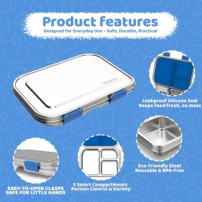 Stainless Steel Lunch Box 1000ml - 3 Compartment Bento Box for Kids & Adults, Leakproof Food Container, BPA-Free Metal Lunch Box with Silicone Seal, Eco-Friendly/Dishwasher Safe (Blue)