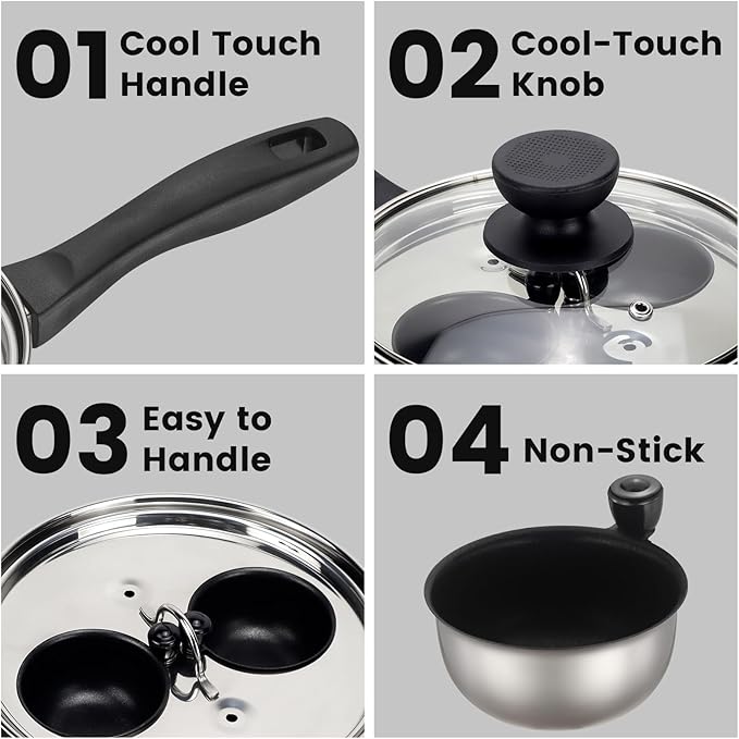 MARSKITOP Egg Poacher Pan Nonstick 2 Eggs, Poached Egg Cooker Stainless Steel Egg Poaching Pan, Poached Egg Pan PFOA Free, Poached Egg Maker