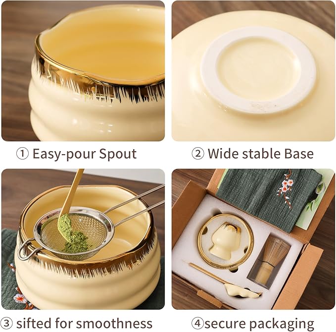 XiaoQuilismic-Matcha Whisk Set: Bamboo blender, matcha bowl, cute stand, ritual tool, Sieve - Family travel with golden texture details, 7-piece set, suitable bowl (yellow)