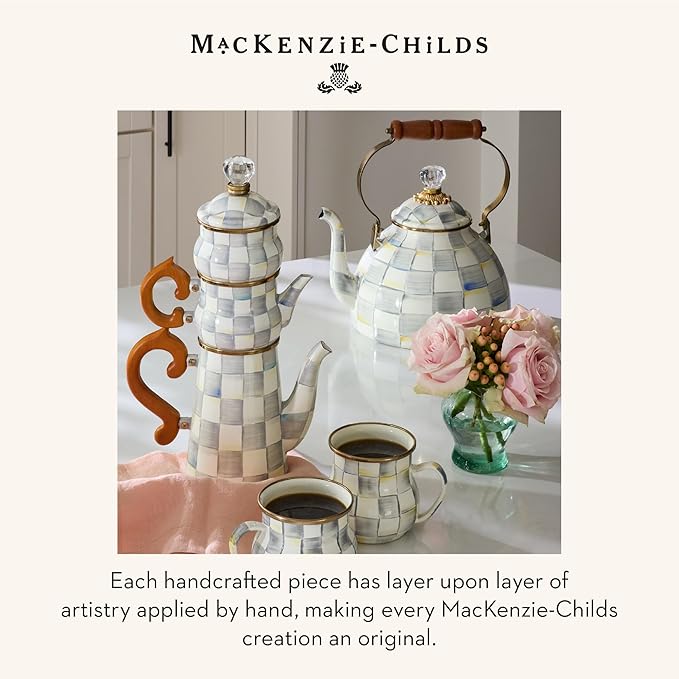MACKENZIE-CHILDS Enamel Tea Kettle, Stylish Tea Kettle for Stovetop, Grey-and-White Sterling Check, 3 Quarts