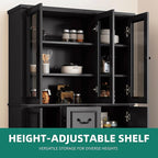 YITAHOME 71" H x 47" W Kitchen Pantry with 3 Drawers, Large Storage Cabinet with 3 Glass Doors & Adjustable Shelves, Freestanding Tall Display China Cabinet for Living & Dining Room, Black
