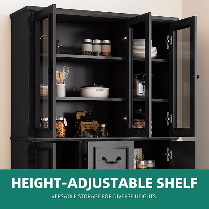 YITAHOME 71" H x 47" W Kitchen Pantry with 3 Drawers, Large Storage Cabinet with 3 Glass Doors & Adjustable Shelves, Freestanding Tall Display China Cabinet for Living & Dining Room, Black