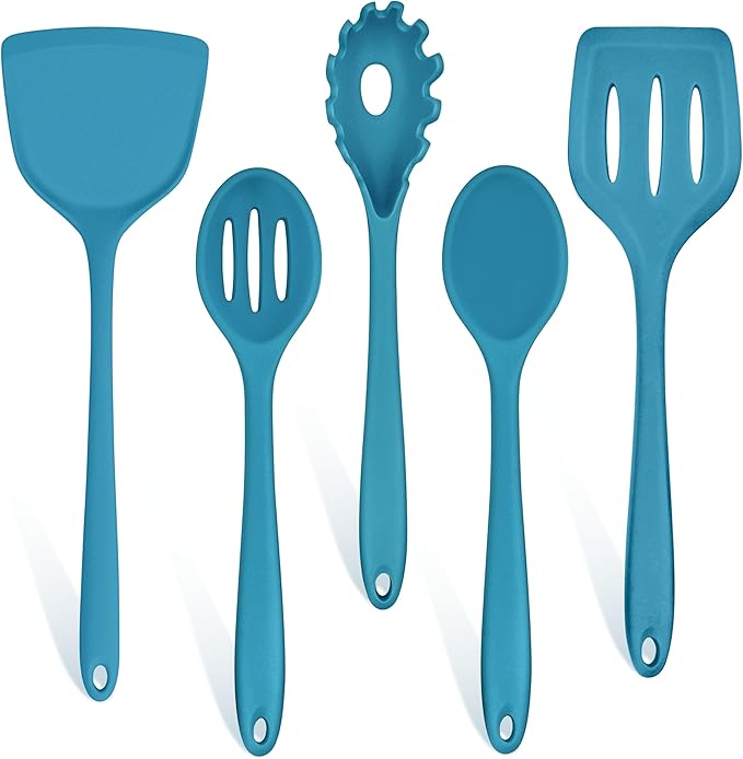 TeamFar Cooking Utensils Set, Silicone Kitchen Utensils of 5, Cooking Spoons Turners Pasta Server for Nonstick Cookware, Healthy & Heat-Resistant, Seamless & Non-Scratch, Dishwasher Safe, Dark Blue