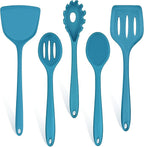 TeamFar Cooking Utensils Set, Silicone Kitchen Utensils of 5, Cooking Spoons Turners Pasta Server for Nonstick Cookware, Healthy & Heat-Resistant, Seamless & Non-Scratch, Dishwasher Safe, Dark Blue