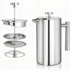 French filter coffee machine 34 ounces, double insulated, easy to clean, durable, Camping coffee makers, Brew Coffee On Stovetop，suitable for home and camping, silver.