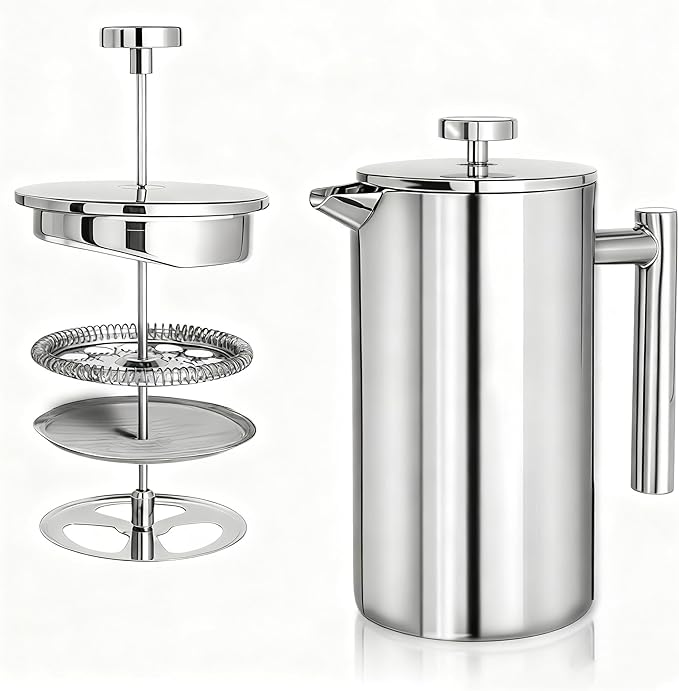 French filter coffee machine 34 ounces, double insulated, easy to clean, durable, Camping coffee makers, Brew Coffee On Stovetop，suitable for home and camping, silver.