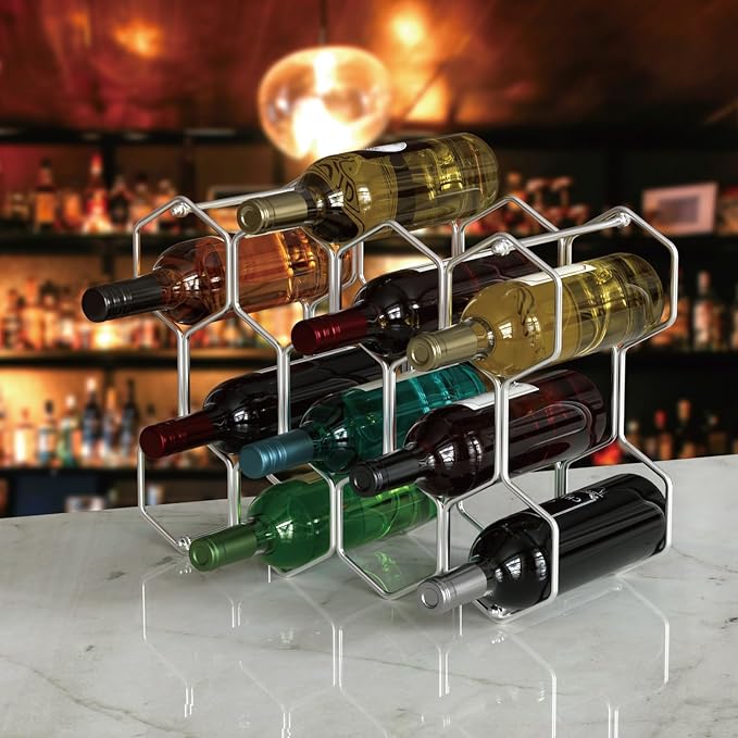 Buruis Countertop Wine Rack, 14-Bottle Modern Freestanding Metal Holder for Red and White Wine, Tabletop, Kitchen, Bar, and Cabinet Storage (Chrome)
