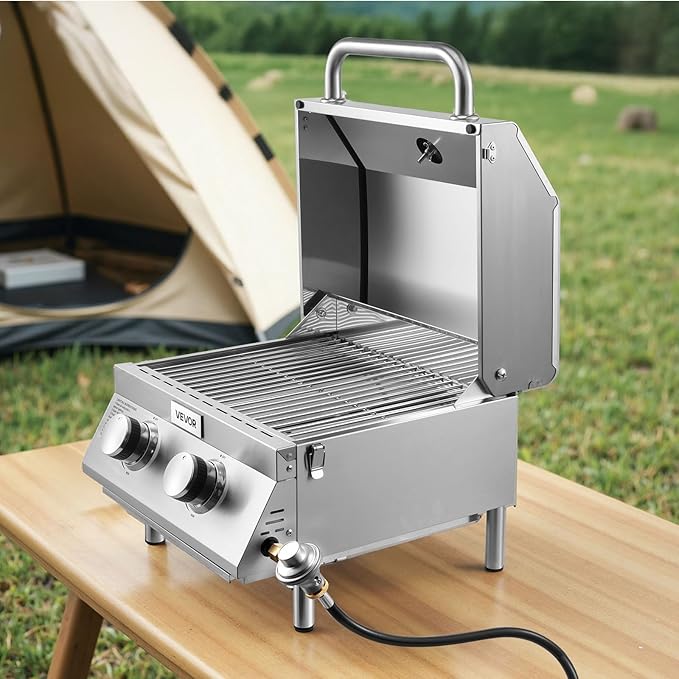 VEVOR Tabletop Gas Grill, 2-Burner Stainless Steel Portable Propane Grill, with Built-in Thermometer, Travel Locks, Weatherproof Lid, 15,000 BTU Total, for Outdoor Cooking, Patio, Party, Camping, RV