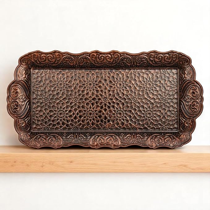 Alisveristime Small Ornate Metal Serving Tray – Ottoman Motif Decorative Tray (14.2" x 7.1", 10.8 oz) (Brown)