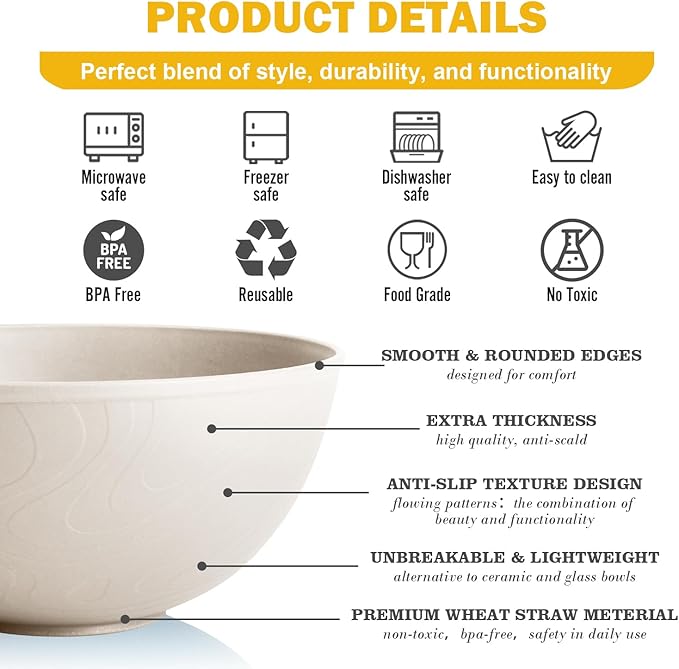 Unbreakable Wheat Straw Kitchen Cereal Bowl 40 OZ, Microwave & Dishwasher Safe Bowls, Alternative Plastic Bowls for Kitchen, Outdoors, RV, Camping, Patio, Set of 6, Beige