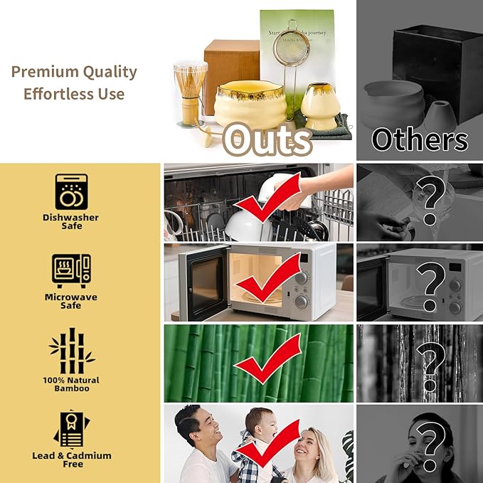 XiaoQuilismic-Matcha Whisk Set: Bamboo blender, matcha bowl, cute stand, ritual tool, Sieve - Family travel with golden texture details, 7-piece set, suitable bowl (yellow)