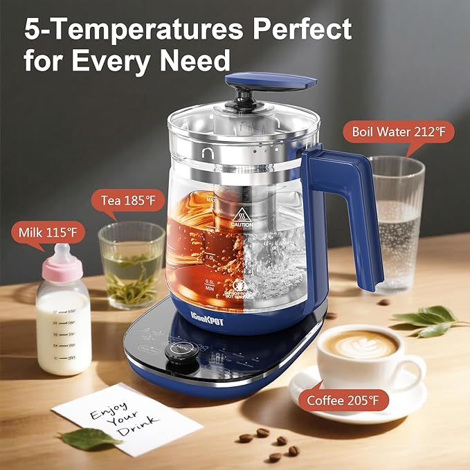 Electric Kettle, 1.5L Borosilicate Glass Hot Water Kettle Electric & Tea Kettle for Coffee or Tea, BPA Free, Auto Shut-Off, Stainless Steel, Blue, 1200w