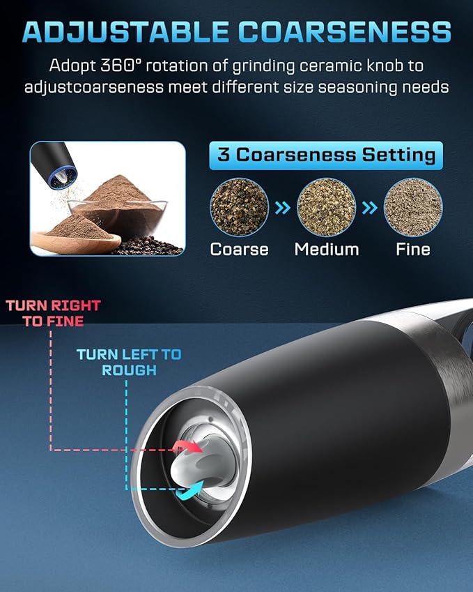 XinXu Gravity Automatic Electric Pepper and Salt Grinder, Auto Salt or Pepper Mill Shaker Stainless Steel,Blue LED Light,One Hand Operated, Black