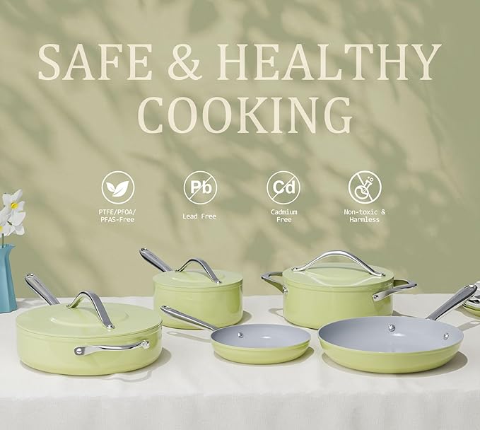 Ceramic Cookware Set Nonstick Pots and Pans Set 8 Pieces NonToxic PTFE/PFOA/PFAS Free All Cooktops Compatible Even Heat Distribution Oven Safe Up to 500°F, Avocado Green