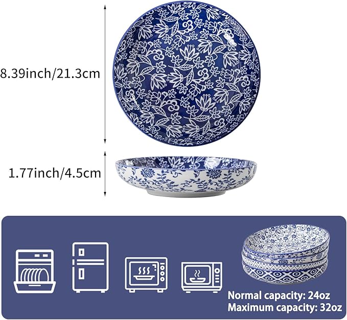 Ceramic Pasta Bowls Set - 32 OZ Porcelain Serving Soup Cereal Bowls 8.5 inch Wide and Shallow Salad Dinner Bowls - Microwave Dishwasher Oven Safe - Set of 4 - Vintage Blue